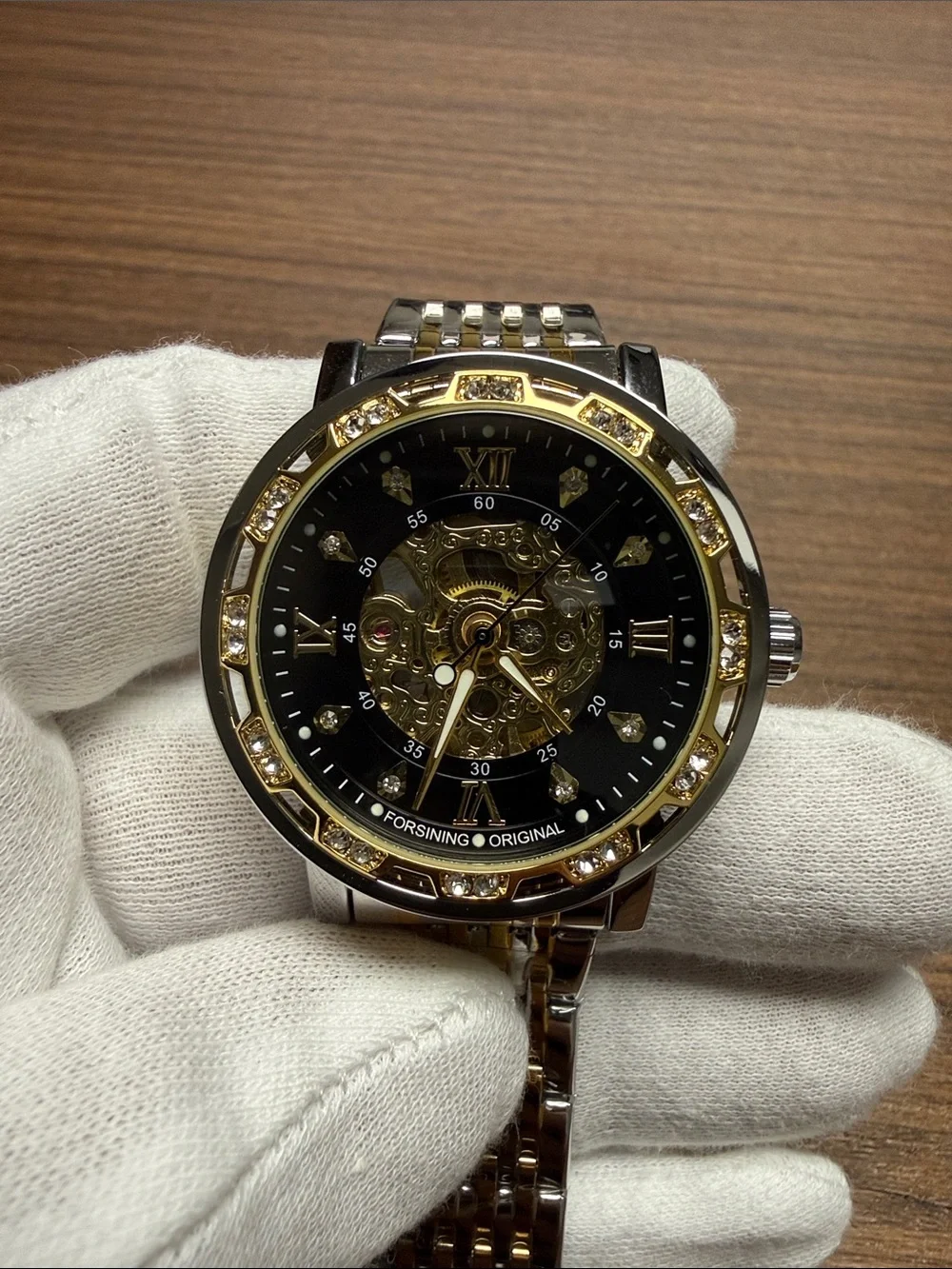 Forsining Women's Gold & Black Skeleton Bracelet Watch